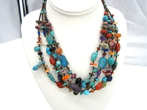 Estate Sterling Silver Turquoise Lapis Agate Coral Multi Strand Bead Necklace - Picture 1 of 5