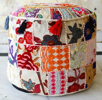 New Indian Handmade Bohemian White Pouf Ottoman Stool Floor Chair Pouffe Cover - Image 1 of 4