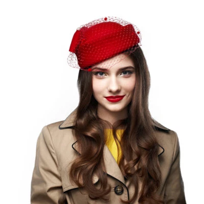 Mujer Vestido Fascinador Lana Fieltro Pastillero Sombrero Fiesta Boda Arco Velo A080 Foto 1 de 4