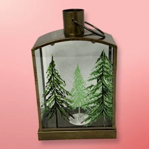 Pier 1 Imports Brass Metal Lantern With Painted Pine Trees Candle Holder 10in - Picture 1 of 7