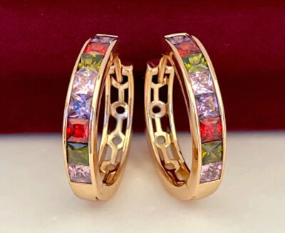 Deluxe Ohrringe Creole Zirkonia Kristalle Bunt 750er Rolled Gold 18K vergoldet - Bild 1 von 4