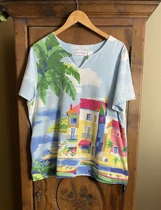 Alfred Dunner Women’s XL Split Neckline Beads/Sequins S/S Island Scene Shirt - Picture 1 of 9