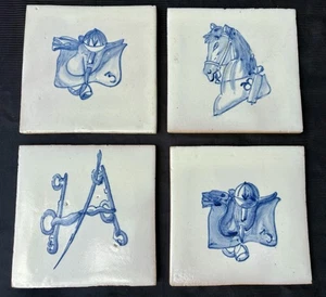 Extremely Rare hand Painted Equestrian Themed Delft Type Tile Lot Of 4 - Picture 1 of 6