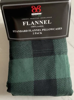 BIBB Home STANDARD Flannel Pillowcases Set OF 2 GREEN CHECK Size 20x30” New