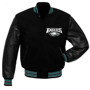 Giacca letterman NFL Philadelphia Eagles Varsity nera in lana e vera pelle - Foto 1 di 3