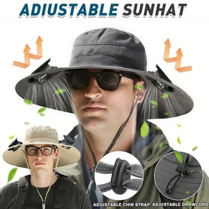 Cappello Ventilatore Solare Adulto Tesa Larga Sole Pesca Esterno Secchio Ricaricabile con 2 Ventilatori - Foto 1 di 18