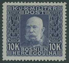 BOSNIEN UND HERZEGOWINA 1914, 10 Kr. violett auf grau, postfrisch, üblich gez.