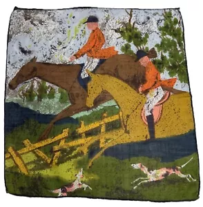 Vintage Linen Hanky Hunting Scene Equestrian Riders Horses Hounds EXC - Picture 1 of 5
