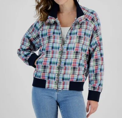 Abrigo chaqueta de algodón con cremallera completa a cuadros retazos azul rojo Nautica Jeans para mujer talla XL Foto 1 de 4