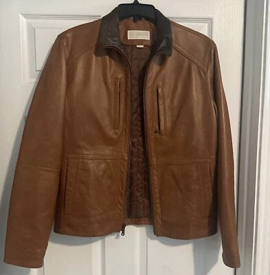Michael Kors Mens Leather Jacket Sz Medium Brown Cognac Zipper Moto 121545 - Image 1 of 4