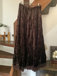 VINTAGE Boho Chocolate Brown Velvet and Lace Trim Tiered Maxi Skirt EVC - Picture 1 of 4