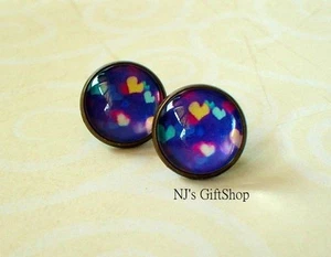 Blue assorted colors Heart Shape Sparkle Light Firework Cabochon Stud Earrings - Picture 1 of 3