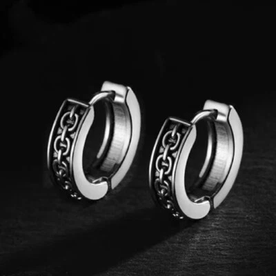 Mens Gothic Punk Rock Round Small Black Huggie Hoop Earrings Surgical Steel 2Pcs - Image 1 of 4