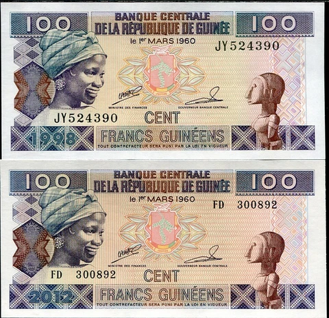 GUINEA SET 2 PCS OF 100 FRANCS 1998 2012 P 35 a b UNC Cover