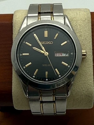 Seiko Solar V158-0AB0 Men’s 37mm Black Dial Two Tone Stainless Watch New Battery - Image 1 of 4