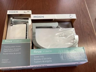 NUEVO Soporte de papel pivotante Moen Y1108CH Rinza + Anillo de toalla Y1186CH cromo pulido Foto 1 de 3