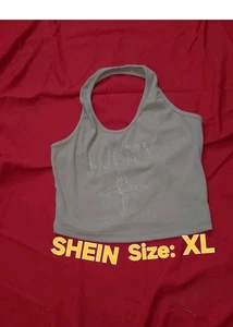 (XL)SHEIN(Dazy) Hellbraun "LUCKY" Strass Gerippt Cropped Neckholder Top - Bild 1 von 3