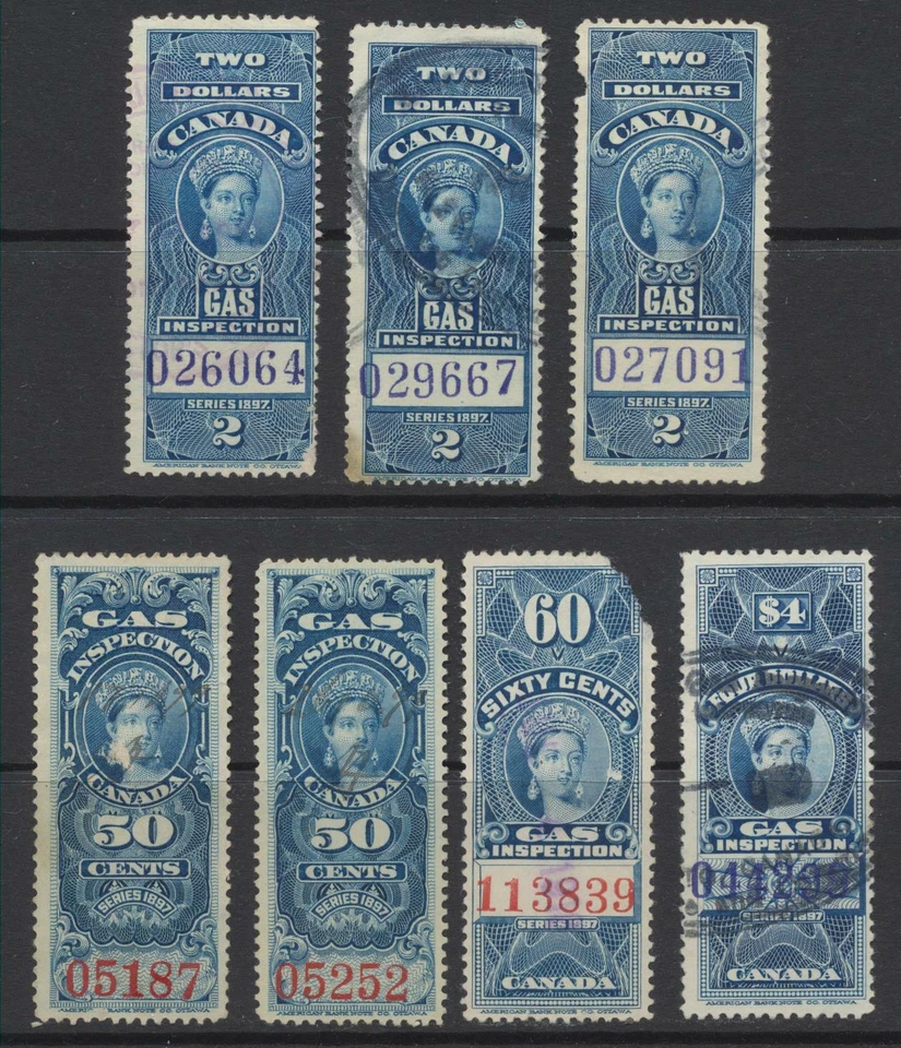1897 Canada Revenue (7 Stamps) ~ Gas Inspection 50c-$4 ~ Used - Image 1 of 2