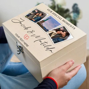 Personalised Couples Photo Wooden Keepsake Box Custom Name Printed Memory Box - Picture 1 of 9