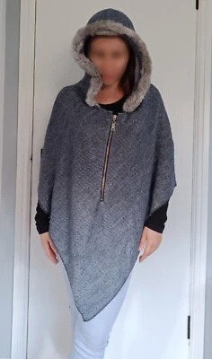 womens hooded knitted cape with faux fur one size  - Image 1 of 4