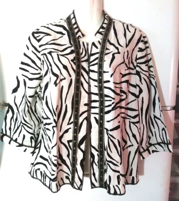 CHAQUETA ABIERTA MUJER CHICO'S BLANCA Y NEGRA ANIMAL PRINT MEZCLA LINO TALLA 2 L Foto 1 de 4