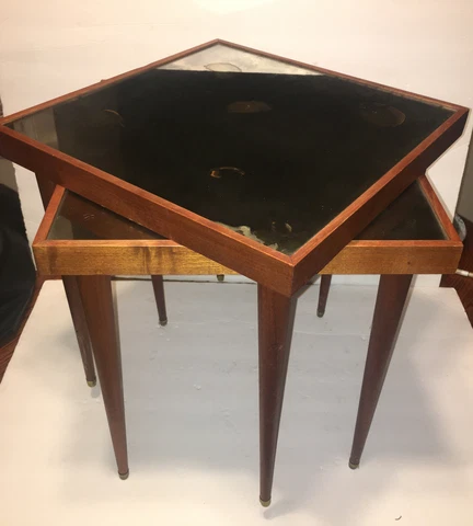 2 VTG Mid Century Modern STACKING Nesting END Side TEAK Wood TABLES Mirror Top Cover