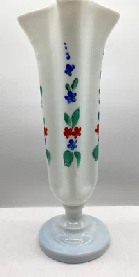 Victorian White Opaque Milk Glass Vase Hand Painted Enamel Flower Decoration - image 1 of 4