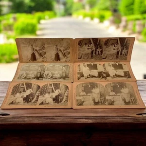 6 tarjetas estereográficas antiguas 1900’ en blanco y negro divertido fotografía de vida en el hogar BW Kilburn - Imagen 1 de 9