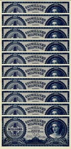 10 x Hungary 1000000000000000 P-131 1946 Use 1 Milliard MIL PENGO Hungarian NOTE - Picture 1 of 6