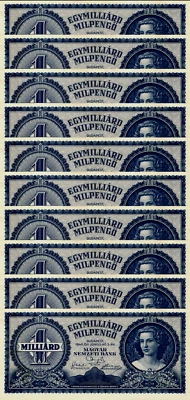 10 x Hungary 1000000000000000 P-131 1946 Use 1 Milliard MIL PENGO Hungarian NOTE - Image 1 of 4