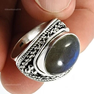 Ovale Naturale Labradorite Argento Sterling Massiccio Cocktail Etnico Ring Gioie - Foto 1 di 9