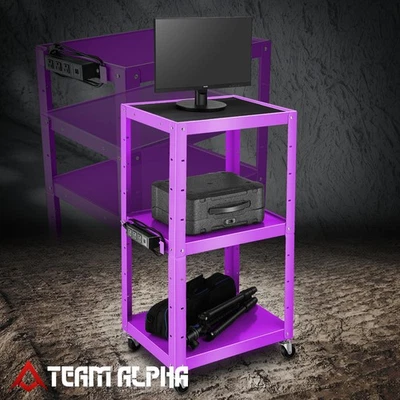 TEAM-ALPHA Purple 24-42" Adjustable 3 Tier Steel Storage AV Cart w/ Power Outlet & USB Port