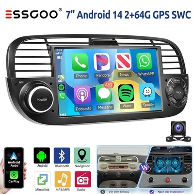 Autoradio GPS 7" Android 14 CARPLAY 2+64G Wifi RDS Camera Per FIAT 500 2007-2015 - Immagine 1 di 4