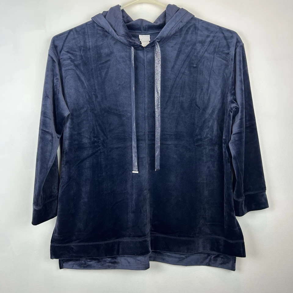 Chicos Zenergy Sweatshirt Womens XL Navy Blue Velour Hoodie 3 Tunic Soft Casual - Image 1 of 4