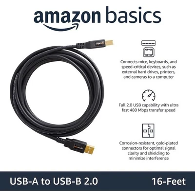 Amazon Basics USB 2.0 Printer Type Cable A-Male to B-Male  16 Feet - Image 1 of 3