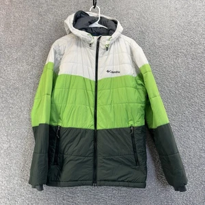 Columbia Jacket Mens Large Green White Omni-Heat Hooded Puffer Colorblock Coat - Picture 1 of 7