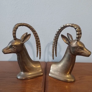 VTG Brass Antelope Gazelle Impala Ram Book Ends Office Library Hollywood MCM - Picture 1 of 13