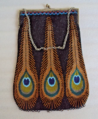 Antique Large Micro Beaded Purse w Silk Lining - Peacock Feathers - Image 1 of 4