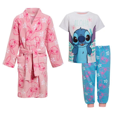 DISNEY Mädchen Stitch Morgenmantel + Pyjama Set passend 3tlg Nachtwäsche Bademantel + Pyjama
