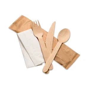 Individually Wrapped Eco-friendly Wooden Cutlery Set (Fork, Knife, Spoon+Napkin) - Picture 1 of 3