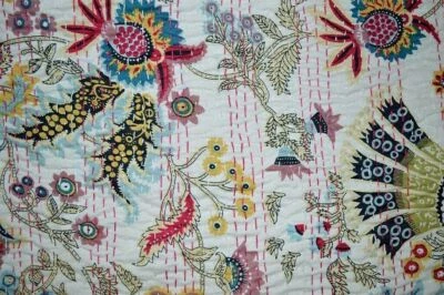 Indian Handmade Kantha Quilt Handblock Print Throw Ralli Bedspread Bedding Quilt - Image 1 of 4