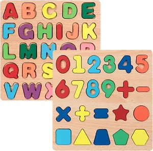 Wooden Alphabet & Numbers Shapes Puzzle Set Educational Board for Toddlers Kids - Picture 1 of 5
