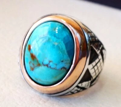 Solid 925 Sterling Silver Natural Arizona Turquoise Gemstone Wedding Men's Ring - Image 1 of 4