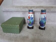 VINTAGE PAIR of Cloisonne Peacock Vases w/ Wood Pedestal & Box 6"