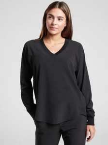 Athleta S SMALL Zephyr V-neck Top Black Lightweight Long Sleeve Active Shirt NEW - Picture 1 of 6