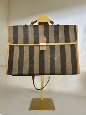 Vintage Fendi Pequin Listra Pasta Bolsa Portfólio Lona Couro Raro - Imagem 1 de 4