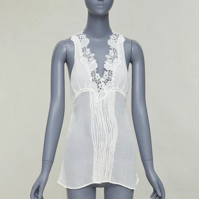 Camiseta sin mangas LA PERLA crema seda floral encaje ribete plisado profundo V espalda recortada talla 1 XS Foto 1 de 4