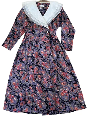 Vestido Leslie Fay Vintage Manga Larga Cuello Organdí Elástico Columpio Talla 6-USADO EN EXCELENTE ESTADO Foto 1 de 4