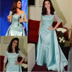 Satin Mother of the Bride Dresses Half Sleeve Applique Lace Mermaid Mother Gowns - Picture 1 of 8