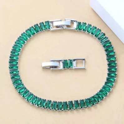 Sterling Silver 925 Green  Lab-Created Emerald Gemstones Tennis Bracelet - Image 1 of 4